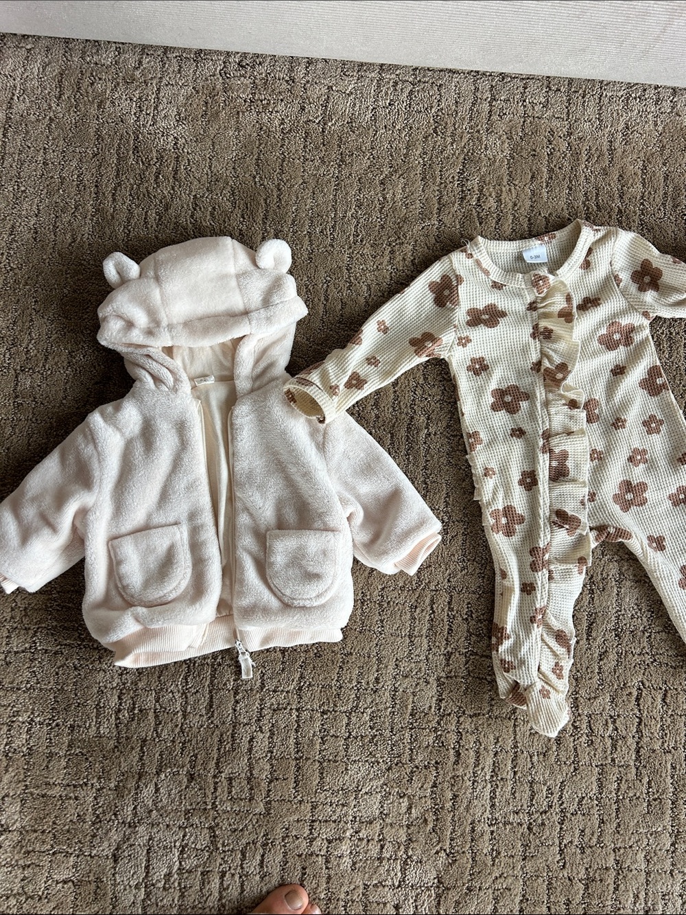 Baby Cream Teddy Hooded Jacket & Floral One-Piece Set never worn